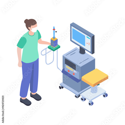 Endoscopy machine vector isometric view and doctor using it