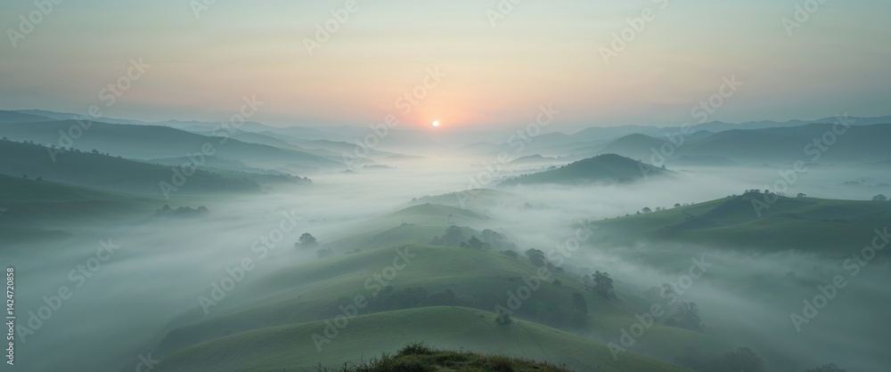 Naklejka premium Misty valley sunrise view from high hill.