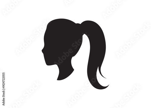 Female fashion hairstyle woman head with haircut ponytail silhouette Vector Icon Design