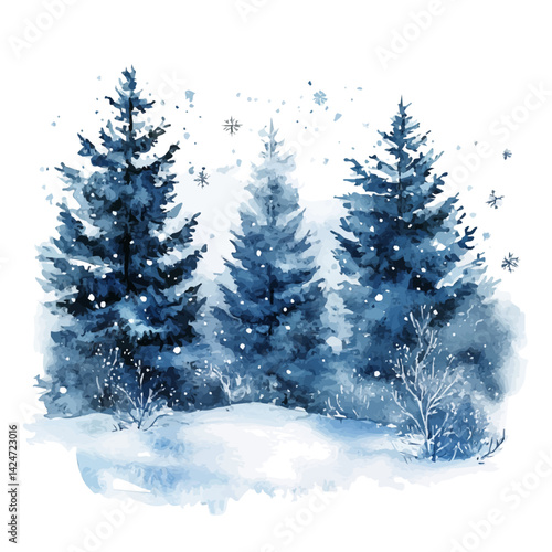 Snowflakes gently falling on a winter forest, watercolor illustration, isolated on a white background.


