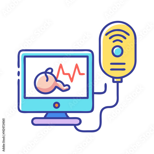Fetal Monitoring Illustration with Ultrasound Machine and Monitor