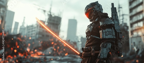 Post-apocalyptic warrior with glowing sword