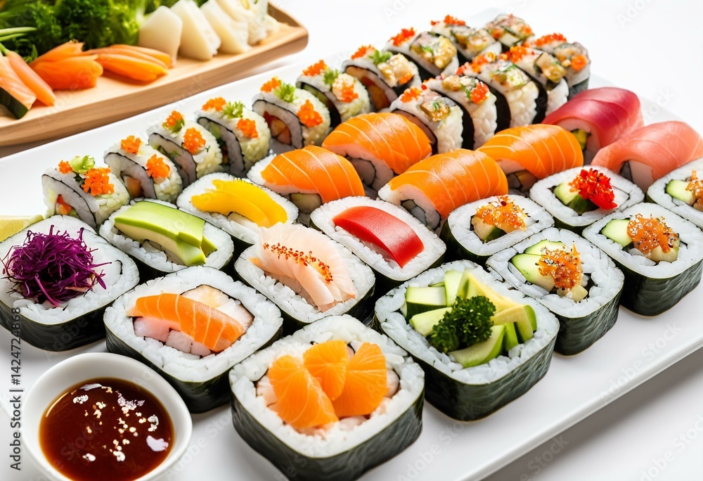 A plate of assorted sushi on a white background. A plate of assorted sushi on a white background.