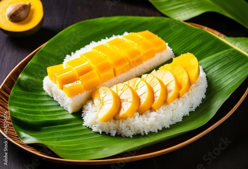 A plate of mangoes and rice on a banana leaf.