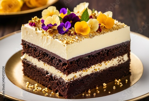 A piece of chocolate cake on a white plate with flowers.