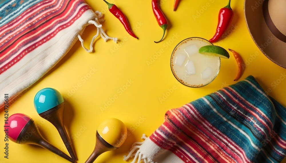 Fototapeta premium Cinco de Mayo Colorful Mexican Food Backdrop with Maracas, Chilis, and Traditional Textile