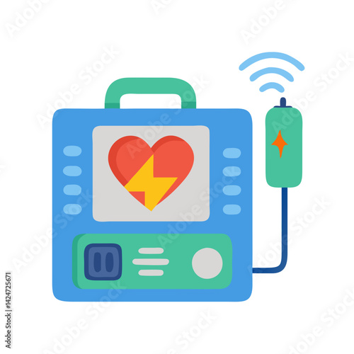Cartoon Defibrillator Icon with Heart and Wireless Connection