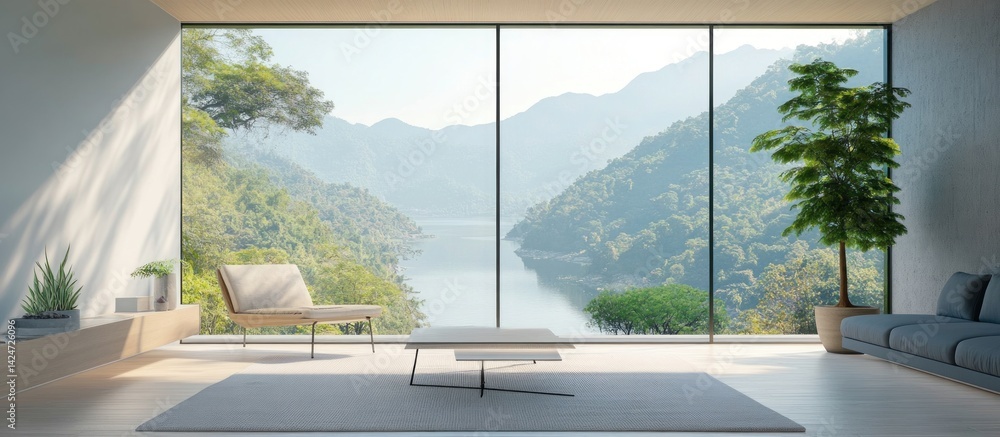 Fototapeta premium Modern Living Room with Panoramic Mountain Views