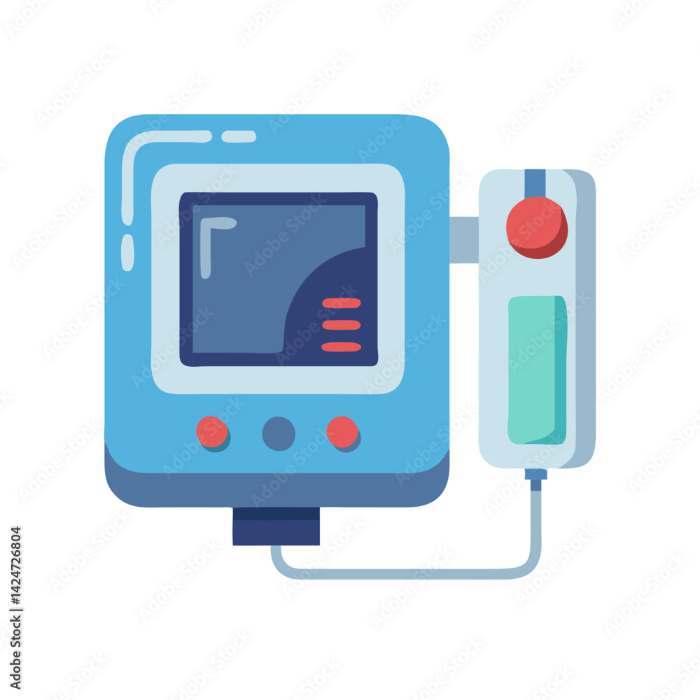 Medical device icon, blue digital meter, red button Medical device icon, blue digital meter, red button