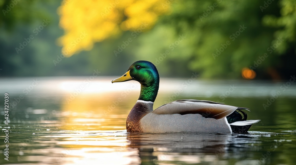 Obraz premium Mallard duck on a tranquil lake at sunrise