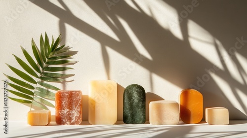 Colorful artisanal soaps arranged in a sunlit display.