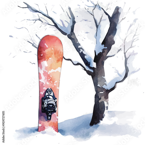 Snowboard leaning against a frosty tree, watercolor illustration, isolated on a white background.


