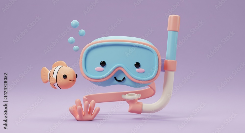 Cute Cartoon Snorkel Mask with Clownfish 3D Render in Soft Pastel Colors Against Purple Background Children's Book Illustration Style Aquatic Charm Cute Cartoon Snorkel Mask with Clownfish 3D Render in Soft Pastel Colors Against Purple Background Children's Book Illustration Style Aquatic Charm