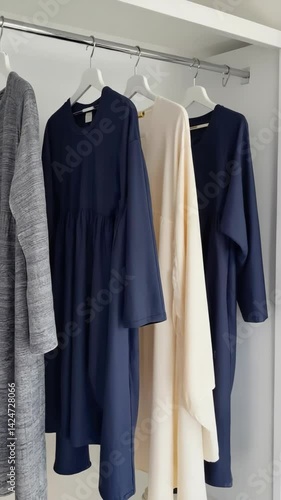Clothes hanging in a closet. Several dresses hang on hangers, organized within a wardrobe for fashion and clothing management.