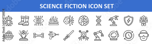 Futuristic Science Fiction Line Icon Set, Vector icon collection featuring science fiction elements like robots, space tech, aliens, and futuristic weapons in minimal linear style.
