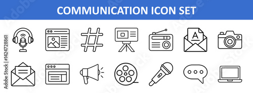 Communication Icon Set for Media and Web Use, Line-style communication icons including email, microphone, laptop, and social media symbols, perfect for digital and print design.