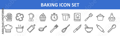 Minimal Baking Icon Set for Recipes and Menus, Clean and simple line-style baking icon set including tools, utensils, and ingredients, perfect for recipe websites or cooking apps.