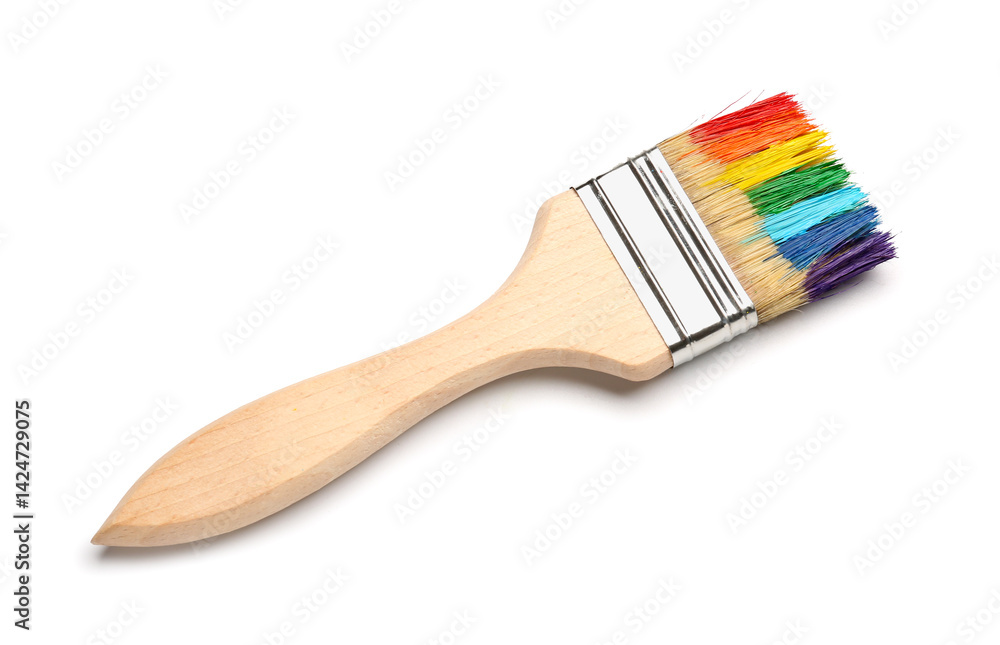 Brush with colorful paints on white background