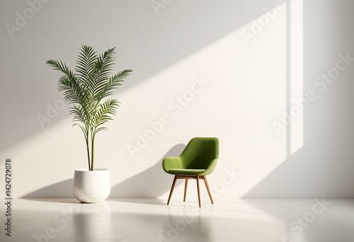 A green chair sitting next to a potted plant in a room.