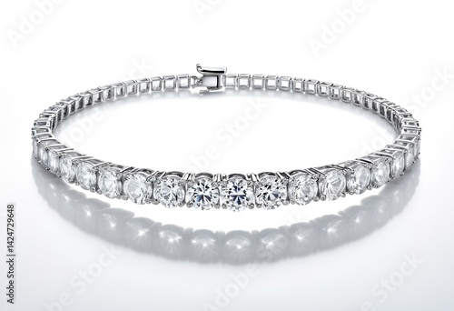 A diamond tennis bracelet on a white background.