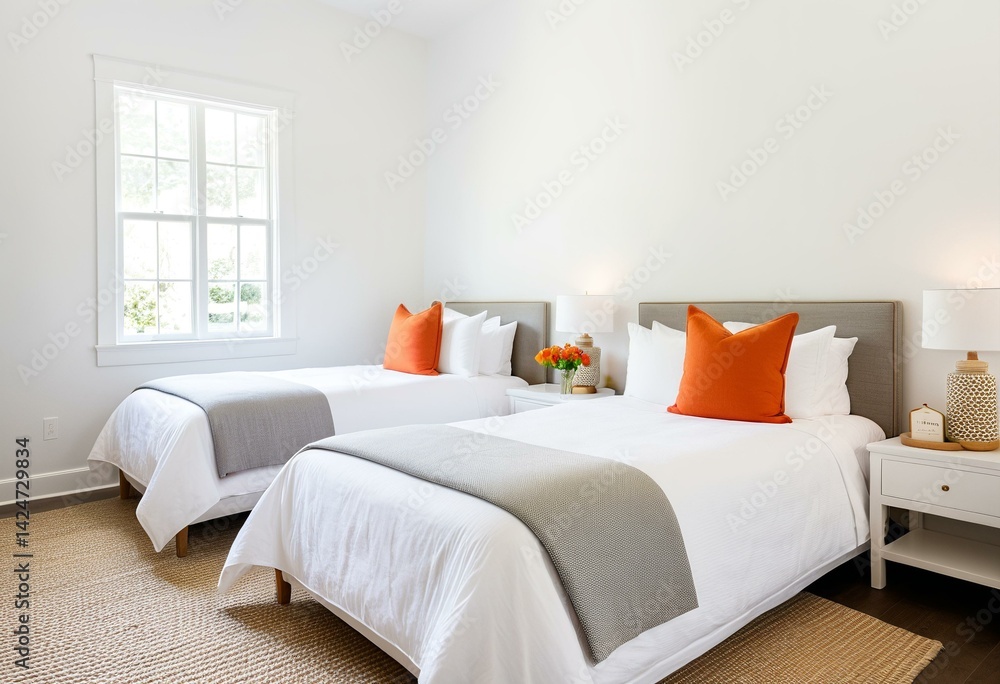 Fototapeta premium A bedroom with two beds and two nightstands.