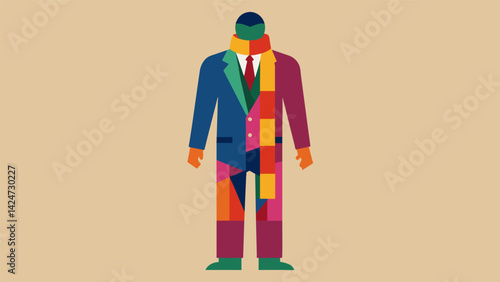 A colorful suit constructed from old sweaters and scarves showcases the potential of upcycling in mens fashion.. Vector illustration
