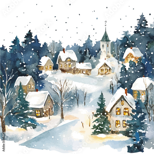 Snow-covered village with twinkling lights, watercolor illustration, isolated on a white background.

