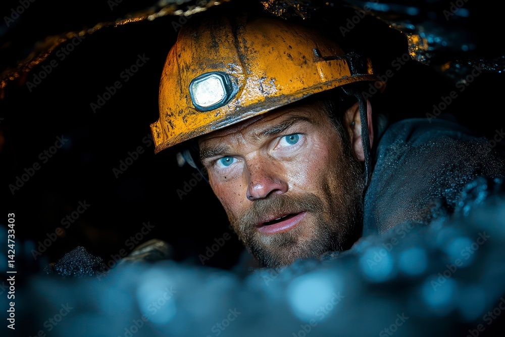Fototapeta premium Miner in a Dark Cave with Safety Helmet and Headlamp Illuminating the Path