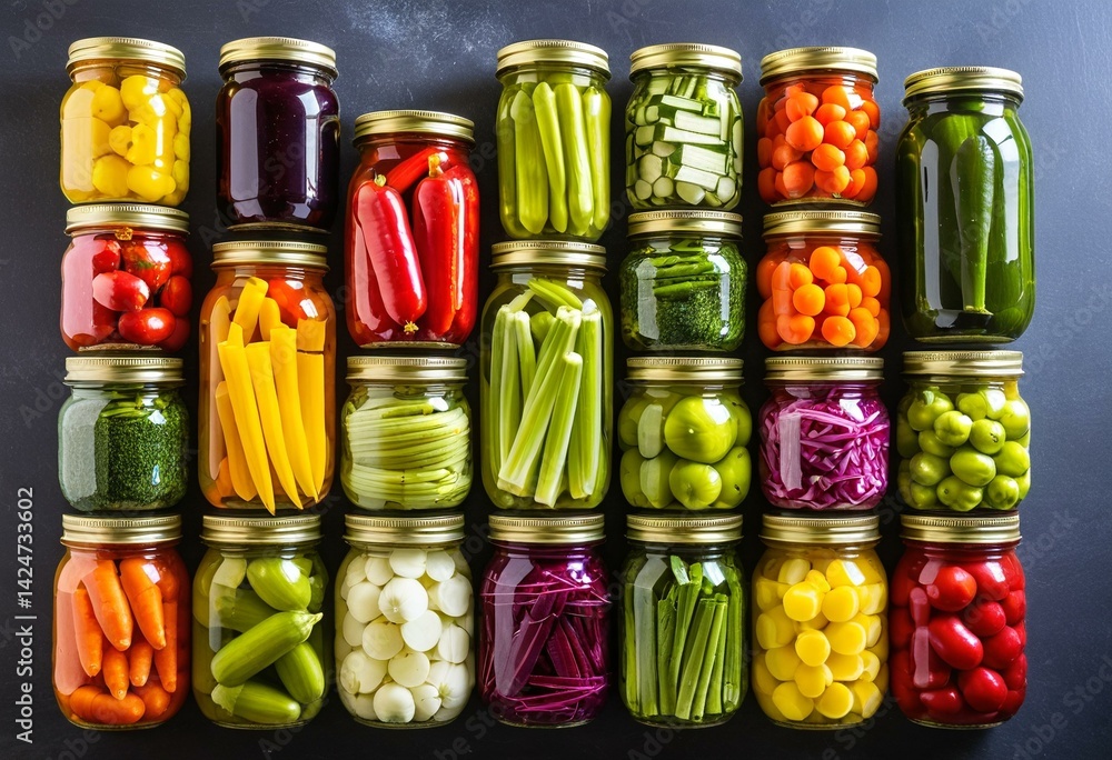 A large group of jars filled with different types of vegetables. A large group of jars filled with different types of vegetables.
