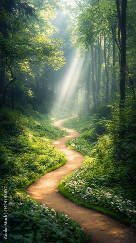 Sunlit path winding through a lush forest