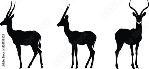 Silhouettes of antelope with varying horn shapes showcasing different species in natural poses