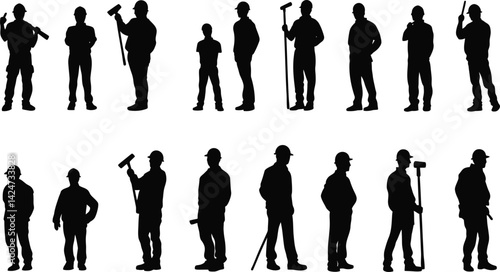 Builder silhouettes engaged in various construction activities with tools in a minimalist style
