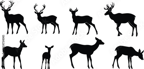 Silhouettes of deer including stag, doe, and fawn standing against a plain background