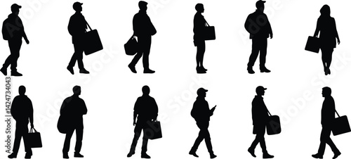 Collection of construction worker silhouettes in hard hats during various work-related activities