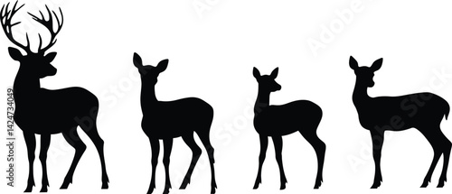 Silhouette icon set featuring deer including stag and doe variations for design projects