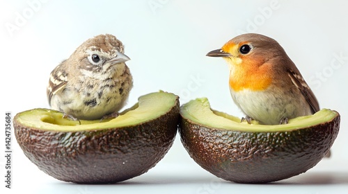 Two small birds a robin and a juvenile bird sit perched on halved avocados against a white background.