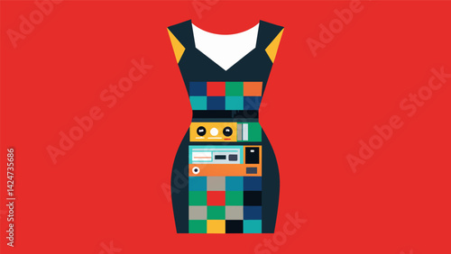 A bodycon dress made entirely from old cassette tapes and CDs showcases a unique and creative use of upcycled materials.. Vector illustration