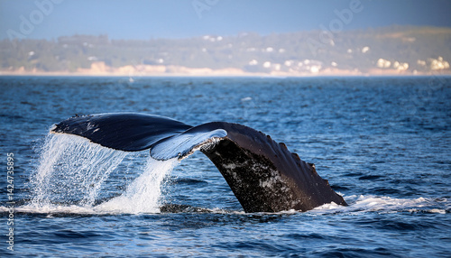 A majestic whale gracefully dives into the deep blue ocean, its massive tail splashing water into the air as the coastline glows softly in the distance