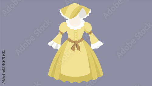 A Colonialera dress in pale yellow with ruffled cuffs and a bonnet reminiscent of the early American settlers.. Vector illustration