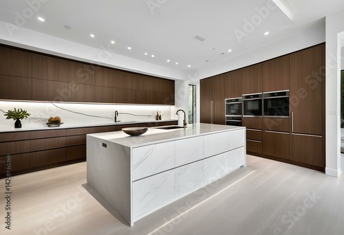 A modern kitchen with a large island in the middle of the room.