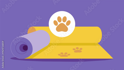 A yoga mat designed with pawprint grip for your cat or dog to join in on your sun salutations and downwardfacing dogs.. Vector illustration