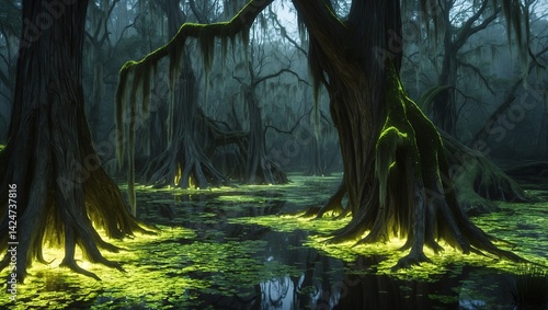 Eerie glow of moss and twisted trees in swamp