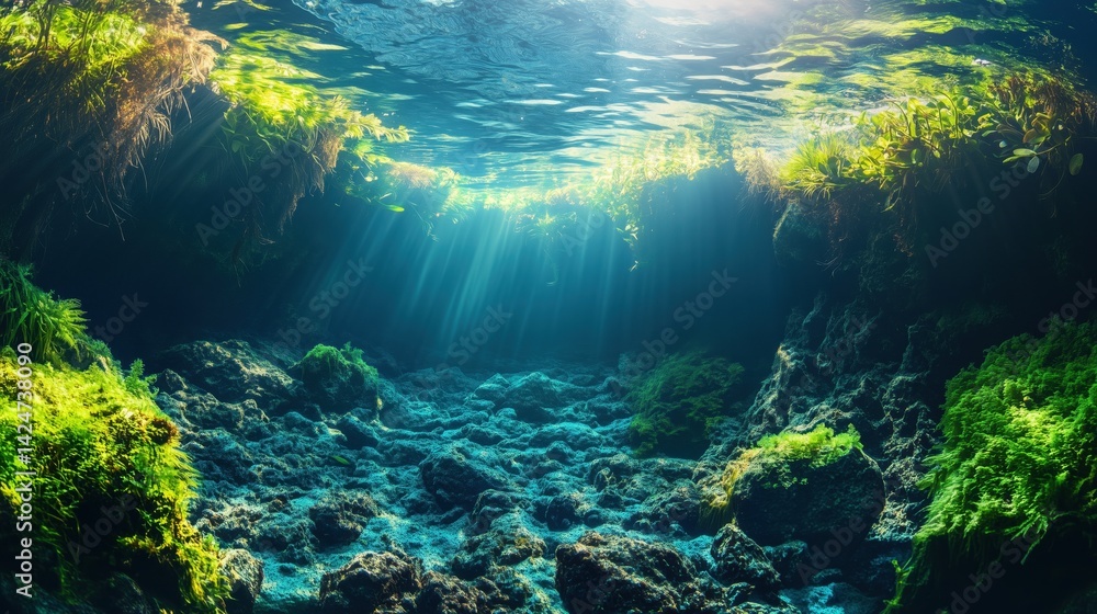 Obraz premium ethereal landscape split between above and below a crystal clear stream