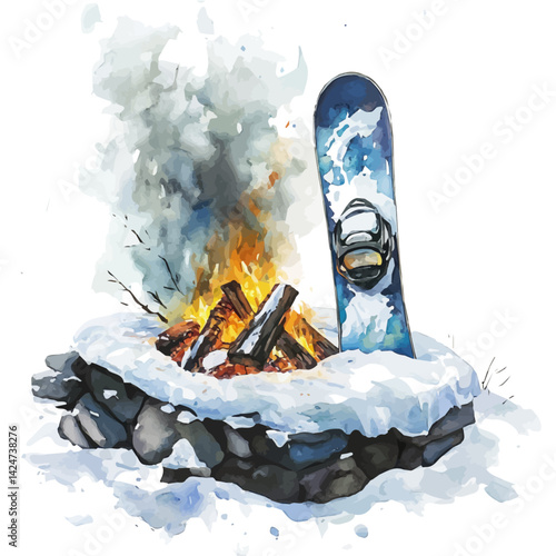 Snow-covered snowboard resting by a firepit, watercolor illustration, isolated on a white background.

