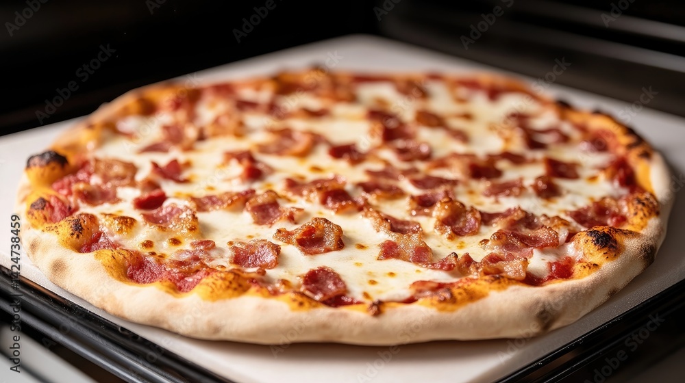 Freshly baked bacon pizza in oven Freshly baked bacon pizza in oven