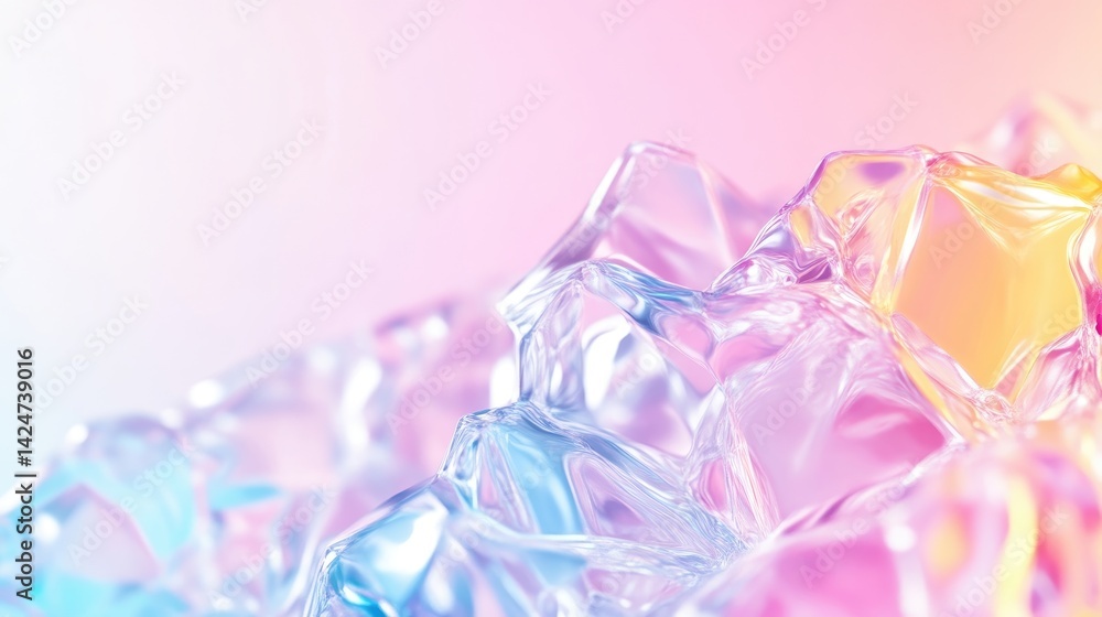 Abstract translucent ice crystals in pastel colors. Close-up view of fractured, textured, and shimmering shards of ice with vibrant hues of pink, blue, yellow, and orange Abstract translucent ice crystals in pastel colors. Close-up view of fractured, textured, and shimmering shards of ice with vibrant hues of pink, blue, yellow, and orange