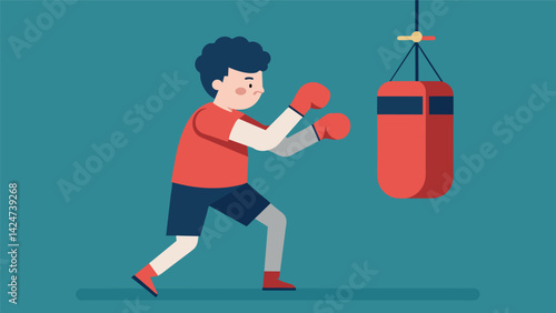 A person with cerebral palsy using a specially designed boxing glove attachment for a punch bag.. Vector illustration