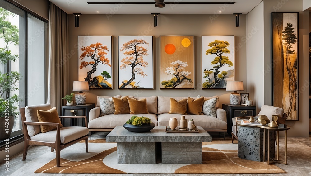 Fototapeta premium Elegant japandi interior with natural colors and stylish decor