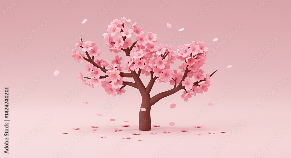 Fototapeta premium Cute Kawaii Cherry Blossom Branch with Scattered Petals 3D Render in Pastel Pink Hues for Springtime Themes