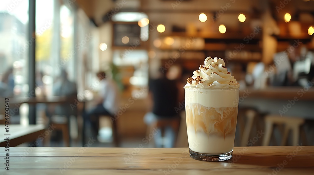 Iced Coffee with Whipped Cream in Cozy Cafe, A glass of iced coffee topped with whipped cream on a wooden table in a cozy cafe Iced Coffee with Whipped Cream in Cozy Cafe, A glass of iced coffee topped with whipped cream on a wooden table in a cozy cafe